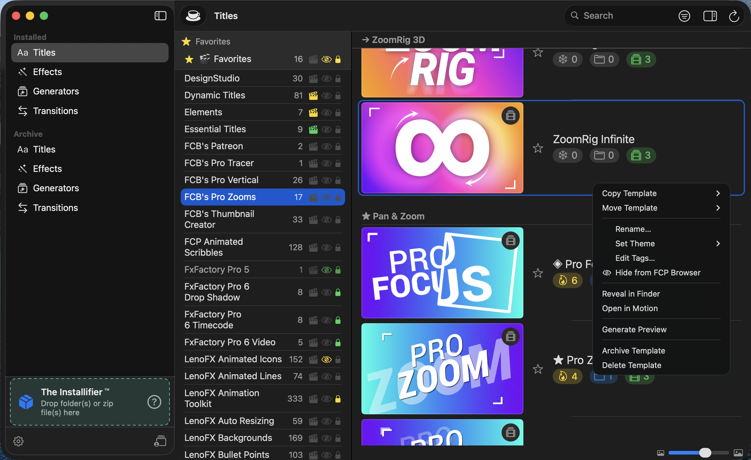 FCP Template Manager main window showing template browser with categories, favorites, and thumbnails